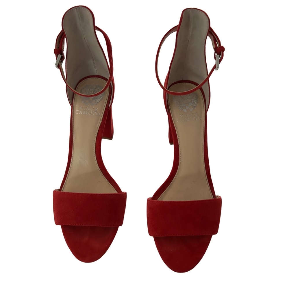 Vince Camuto Red Suede 3.5 Inch Block Heel Ankle Strap Sandals Size 8 - Party!